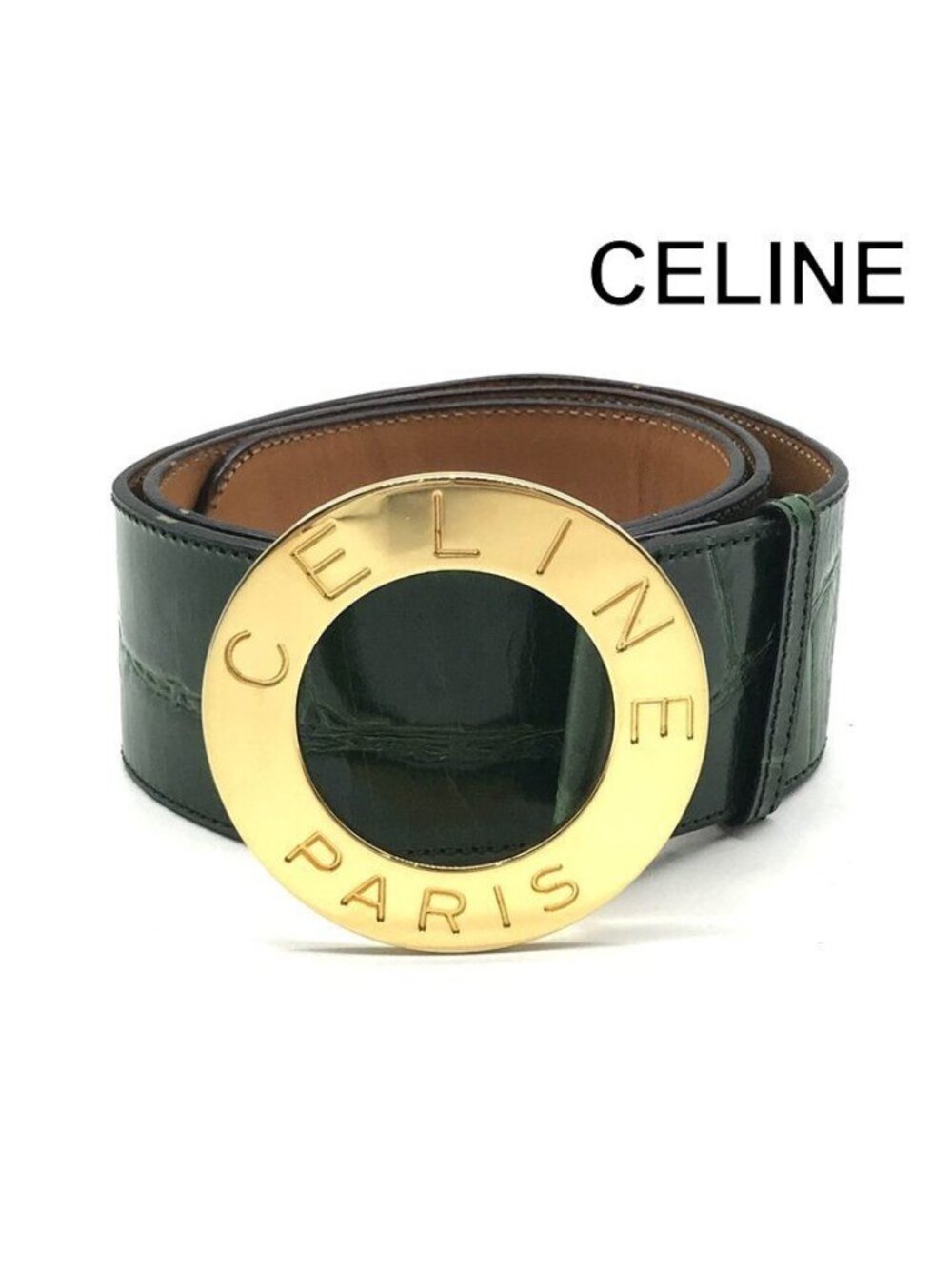 Celine Circle Buckle Logo Belt Croco Embossed Leather Green Vintage
